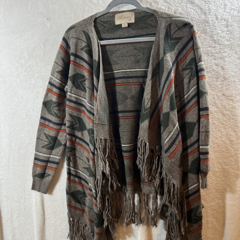 Paper Crane Size M Ethereal Open Cardigan Sweater Aztec Fringed Boho Hippie
